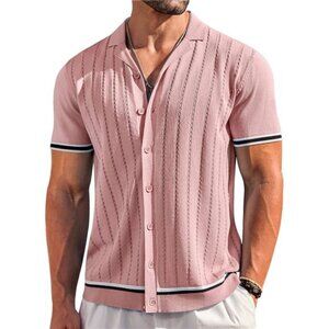 Men's Short Sleeve Knit Shirt Casual Button Down Shirt Vintage Striped